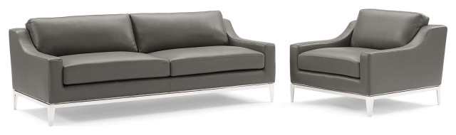 Harness Stainless Steel Base Leather Sofa And Armchair Set - Midcentury ... with regard to Harness 83.5" Stainless Steel Base Leather Sofa, Gray
