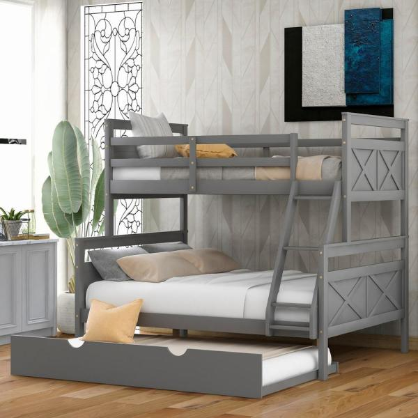 Harper & Bright Designs Gray Twin Over Full Bunk Bed With Ladder And ... for Gewnee Full Over Full Bunk Bed With Twin Size Trundle In Gray