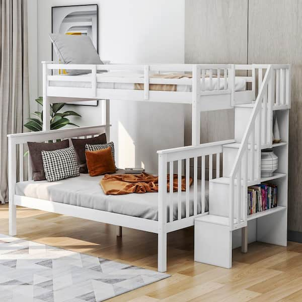 Harper & Bright Designs White Twin Over Full Wood Bunk Bed With Storage ... regarding Benzara Bm141546 Twin Over Full Wooden Bunk Bed With Storage, White