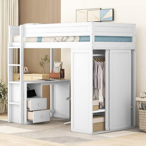 Harper & Bright Designs White Twin Size Wood Loft Bed With Wardrobe, 2 ... intended for Gewnee Twin Size Wood Loft Bed With Drawers,Desk And Wardrobe In White