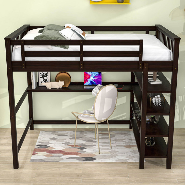 Harriet Bee Emmerly Loft Bed With Built-In-Desk By Harriet Bee | Wayfair for Modern Full Loft Bed With Built-In Desk & 4 Open Shelves, Solid Wood Frame, Gray