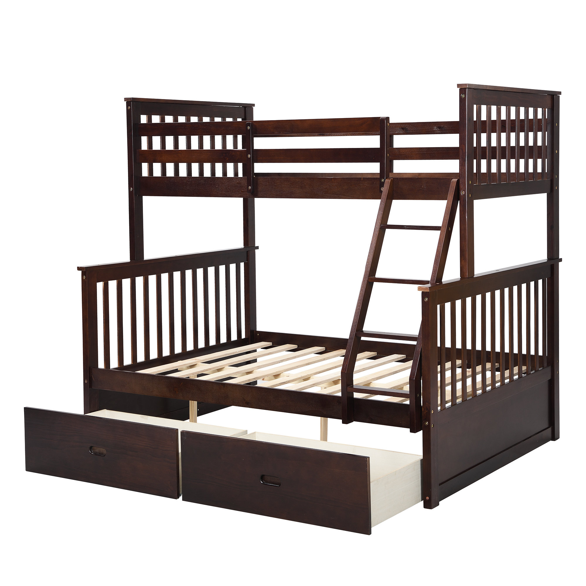 Harriet Bee Space-Saving Twin Over Full Bunk Bed Solid Wood Modern ... in Space-Saving Twin Over Full Bunk Bed, Wooden Frame, 2 Storage Drawers, Ladder, White