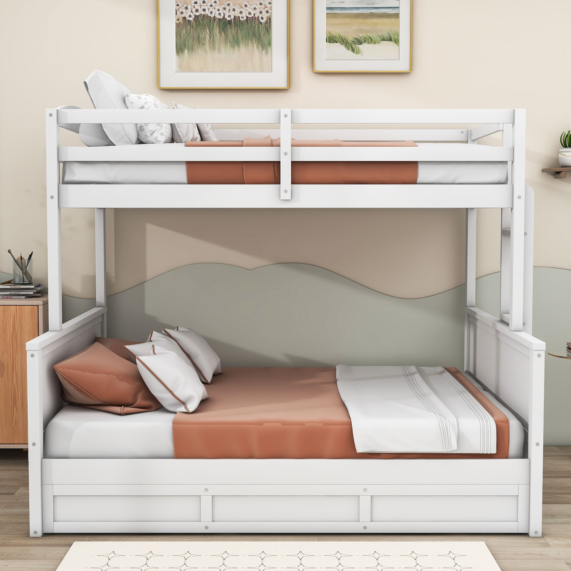 Harriet Bee Twin Over Full Wooden Bunk Bed With Storage And Slats | Wayfair pertaining to Benzara Bm141546 Twin Over Full Wooden Bunk Bed With Storage, White
