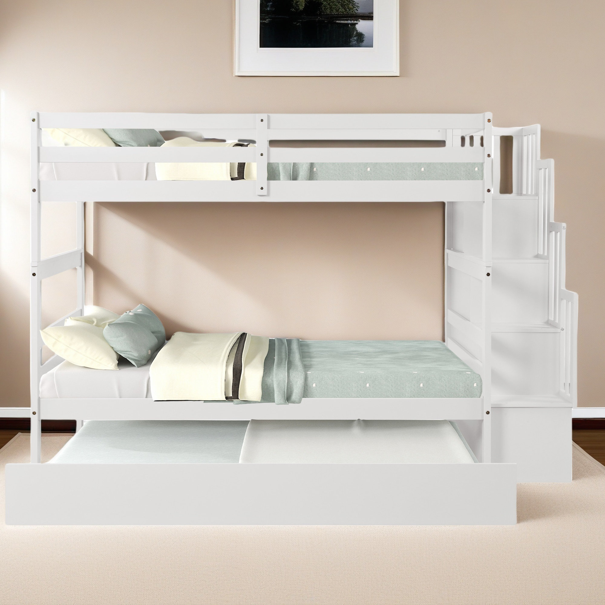 Harriet Bee Twin Over Twin Bunk Beds With Twin Trundle And Stairway ... for Maximizing Bedroom Functionality with Daphne Bunk Bed Systems