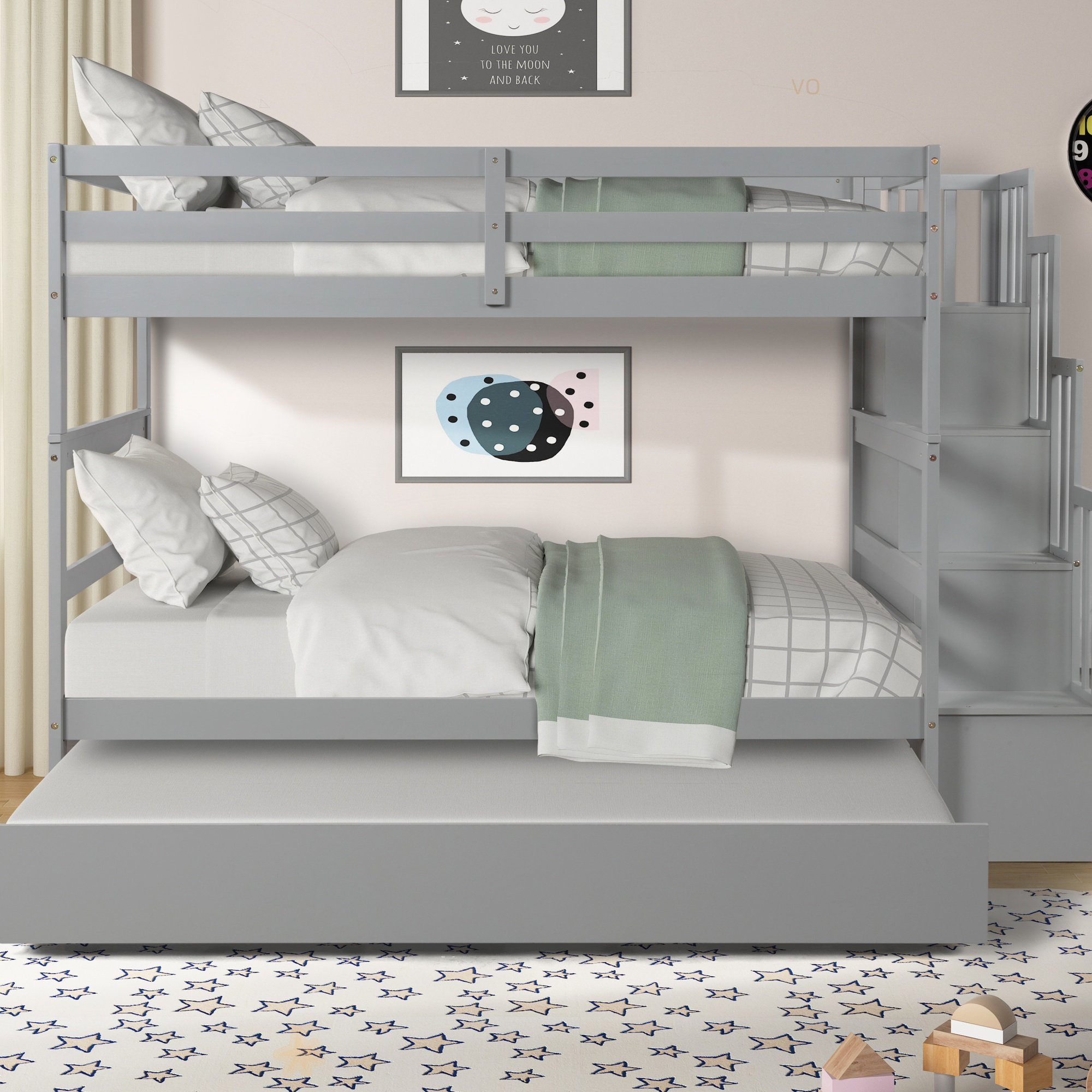 Harriet Bee Twin Over Twin Bunk Beds With Twin Trundle And Stairway ... with Maximizing Bedroom Functionality with Daphne Bunk Bed Systems