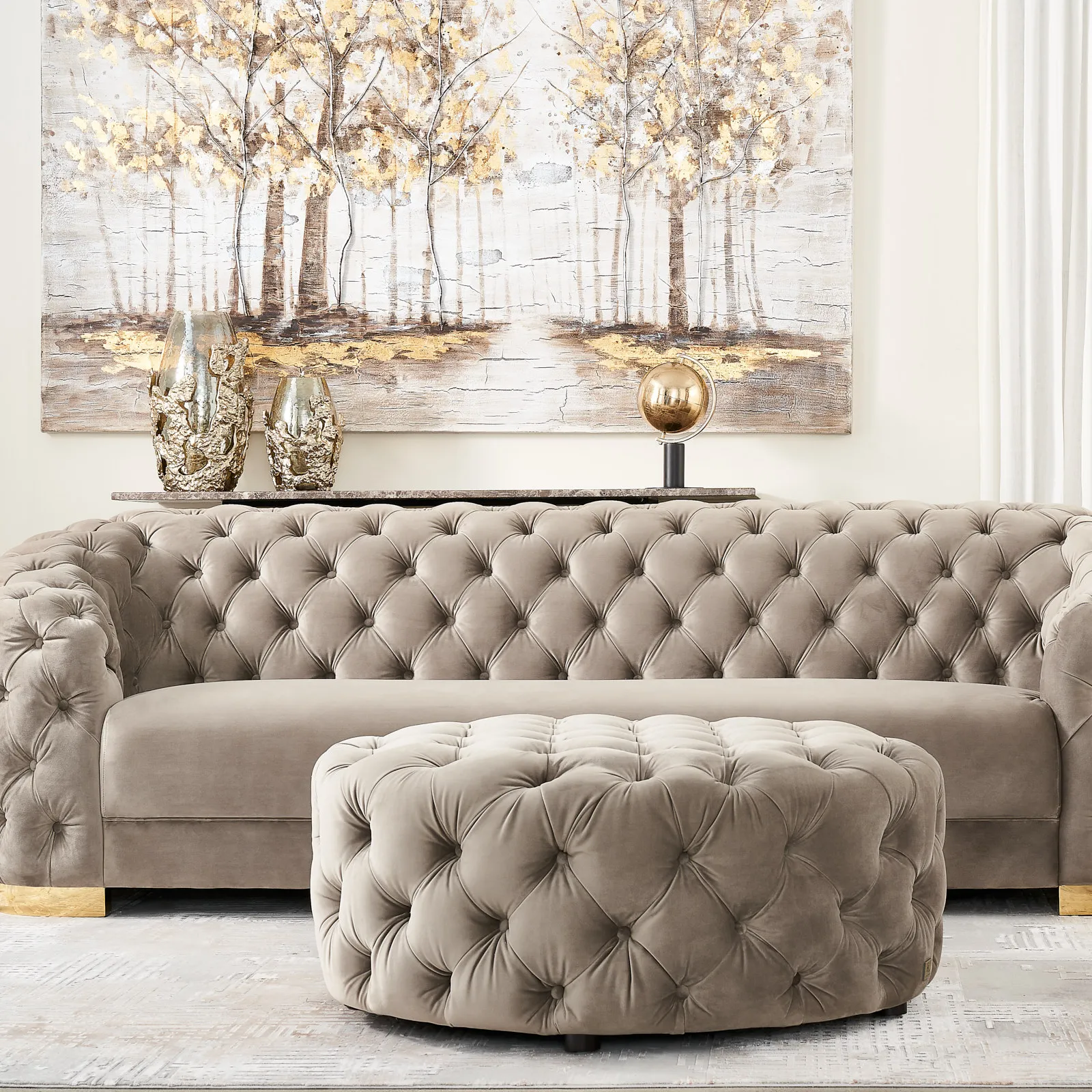 Kelly Beige Velvet 3-Seater Sofa - Gold Legs inside Roxanne Tufted Velvet 3 Seat Sofa, Beige/Silver
