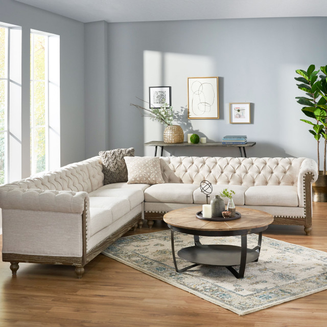 Kinzie Chesterfield Tufted 7 Seater Sectional Sofa With Nailhead Trim ... for How Tufted Upholstery Creates Comfort and Visual Interest in Family Rooms