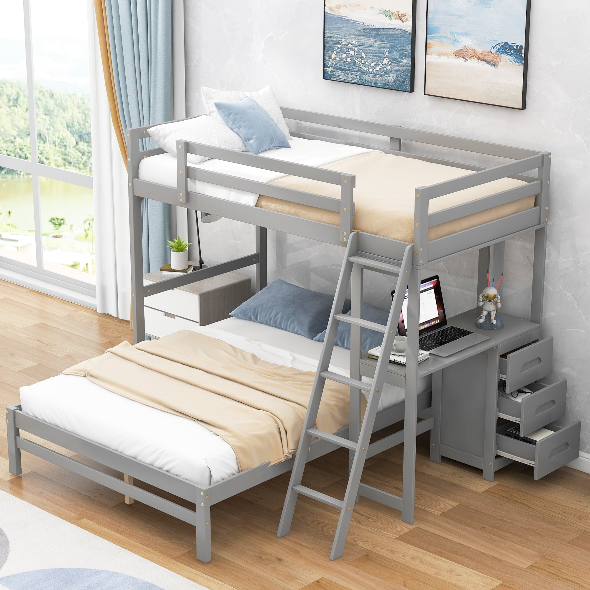 L-Shaped Bunk Bed With Built-In Desk And 3 Drawers, Wood Twin Over Full ... intended for Creating Functional Sleeping Areas in Limited Spaces