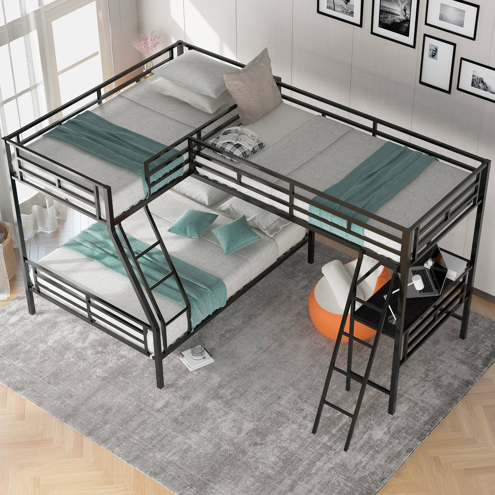 L-Shaped Twin Over Full Bunk Bed With Twin Size Loft Bed,Built-In Desk ... with Gewnee L-Shaped Twin Over Full Bunk Bed With Twin Size Loft Bed In Black