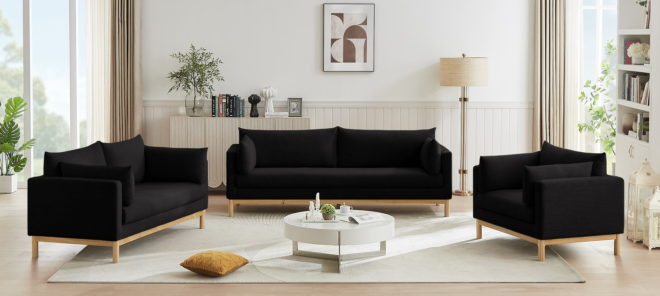 Langham Living Room Set In Black By Meridian | 1Stopbedrooms throughout Langham Linen Textured Fabric Upholstered Sofa, Black