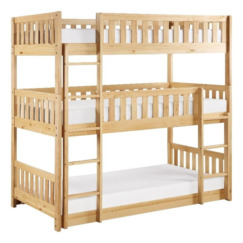 Lexicon Twin Kids Floor Triple Bunk Beds In Natural Pine, Contemporary ... within Lexicon Contemporary Wood Twin/Twin Bunk Bed With Storage Boxes In Natural Pine