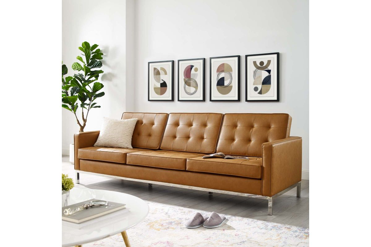 Loft Tufted Upholstered Faux Leather Sofa In Silver Tan with regard to Loft Tufted Upholstered Faux Leather Sofa, Silver Gray