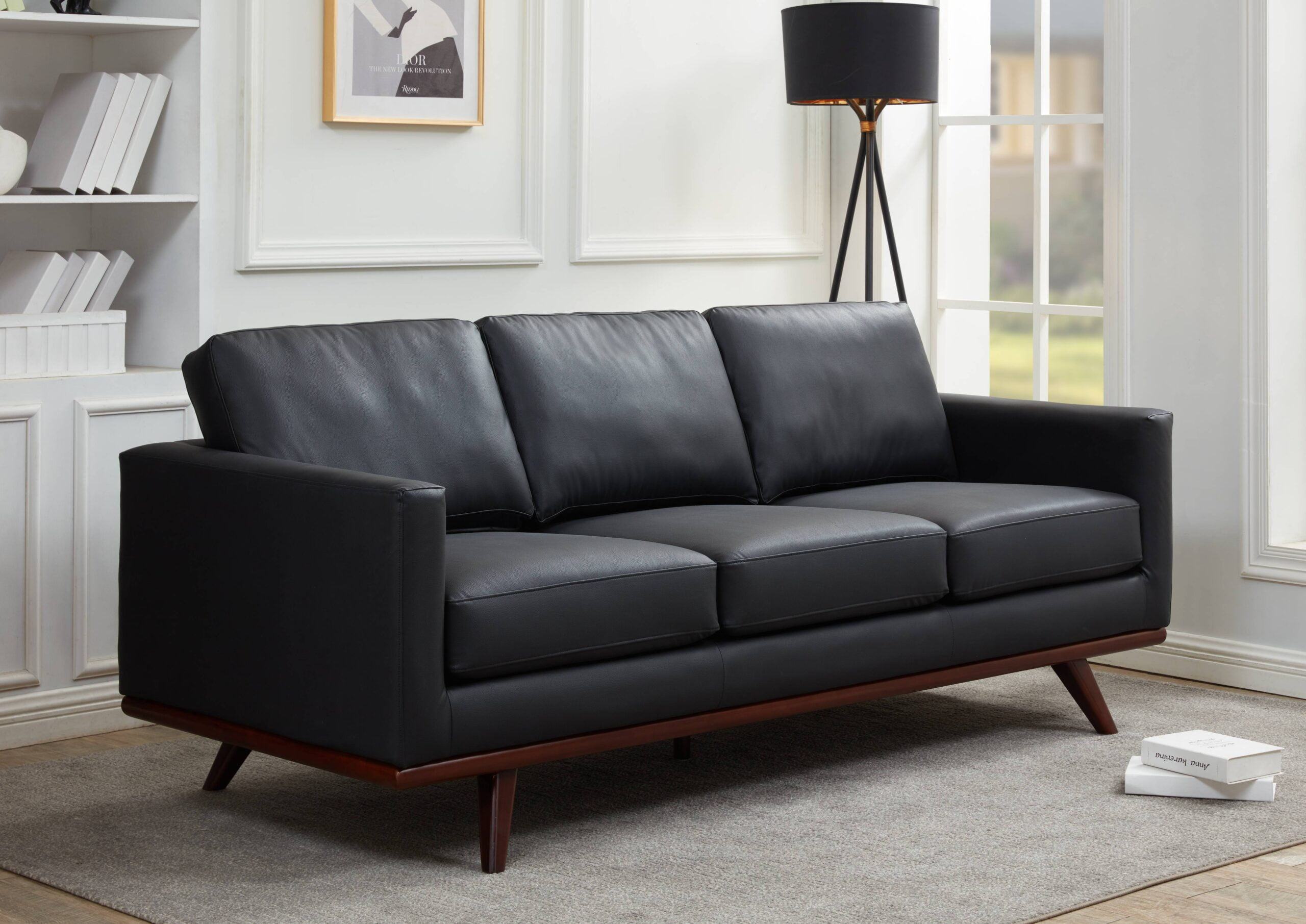 Mid Century Modern Black Leather Sofa | Cabinets Matttroy pertaining to Jedd Contemporary Sofa, Genuine Black Leather With Brown Wood Legs