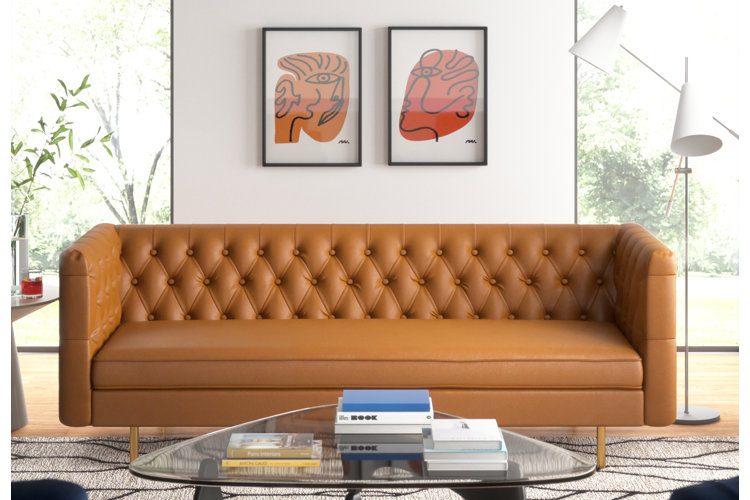 Mid Century Modern Leather Couch inside Allen Mid Century Modern Tufted Genuine Leather Sofa In Cognac Tan
