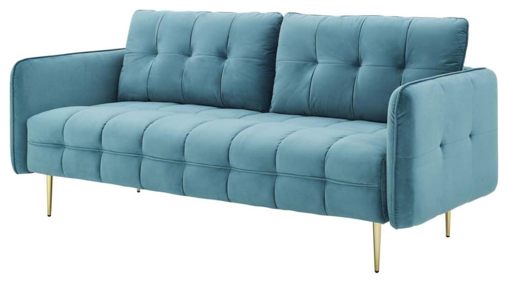 Mid-Century Sea Blue Velvet Sofa With Tufted Seat And Gold Tapered Legs ... throughout Macie Sea Blue Velvet Sofa
