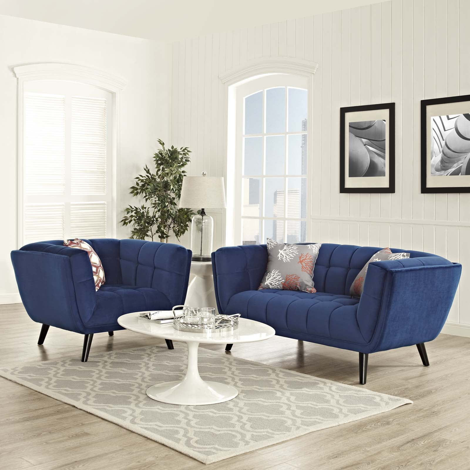 Modway Bestow 2 Piece Performance Velvet Sofa Set - Living Room ... for Bestow Velvet Sofa, Navy