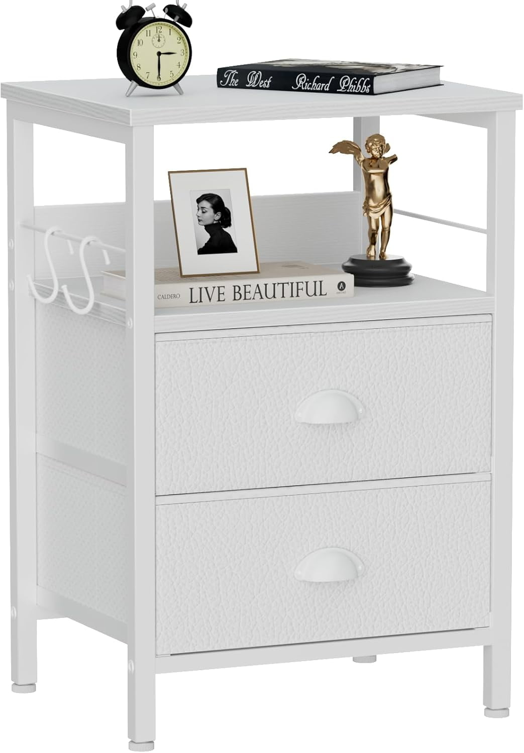 Nightstand With 2 Fabric Drawers 2 Tier Shelf Hooks Wood Top White 15 ... within Design Tips for Creating a Cohesive Bedroom Setup