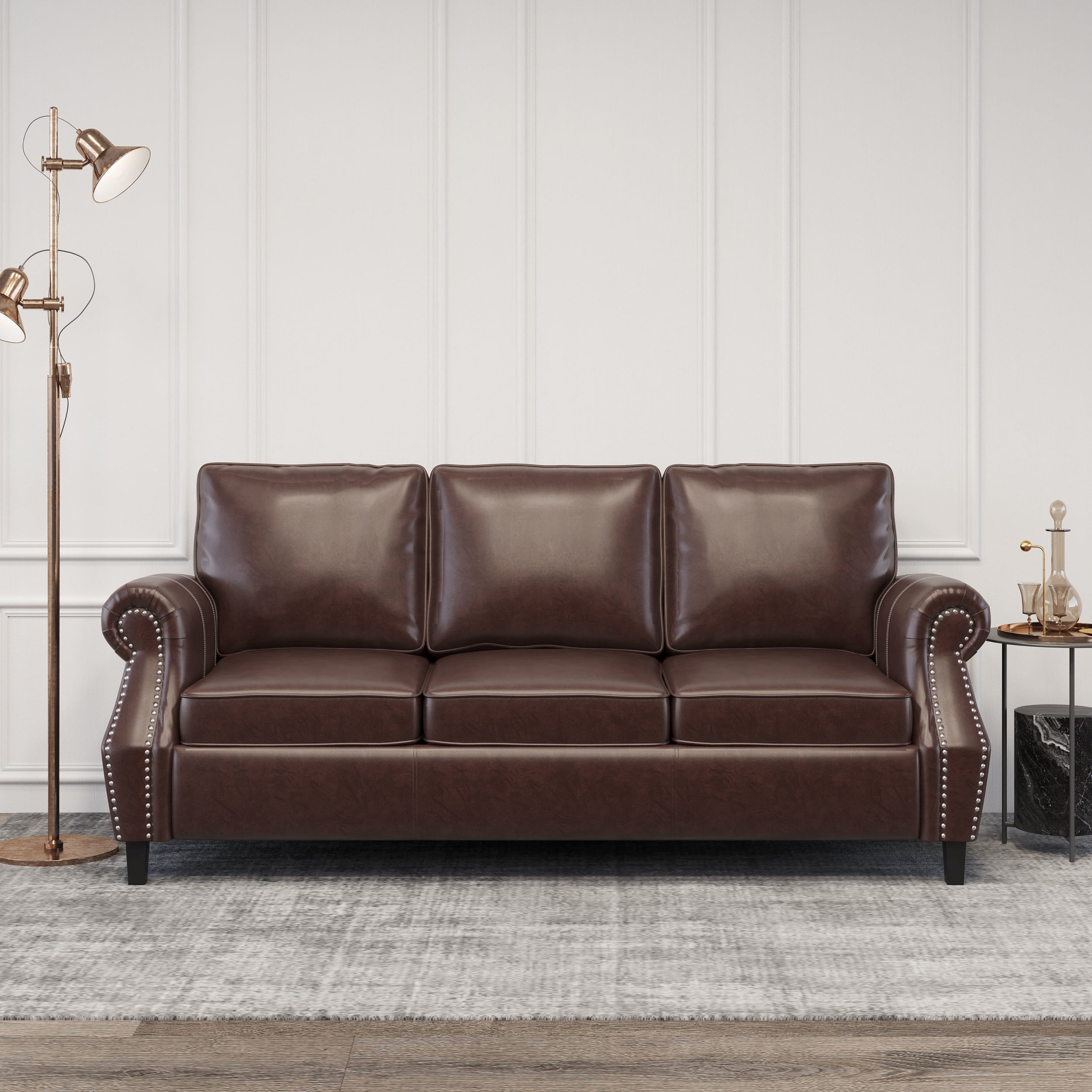 Noble House Amedou Faux Leather 3 Seater Sofa - Dark Brown - Walmart.com pertaining to Burkehaven Contemporary Faux Leather 3 Seater Sofa With Nailhead Trim, Dark Brown