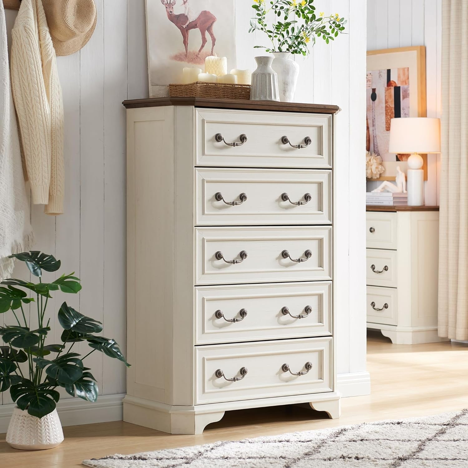 Okd Victorian Retro 5-Drawer Dresser, Rustic Tall Chest, Antique White ... intended for Pali Design Modena 5-Drawer Dresser, Vintage White