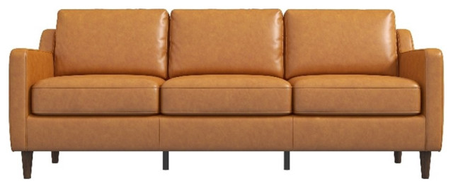 Pemberly Row Mid-Century Genuine Leather Cushion Back Sofa In Tan ... within Pemberly Row Mid-Century Leather Cushion-Back Left-Facing Sectional In Tan