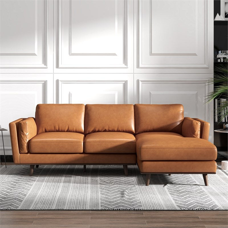 Pemberly Row Mid Century Modern Tan Genuine Leather Sectional Sofa ... throughout Pemberly Row Mid-Century Leather Cushion-Back Left-Facing Sectional In Tan