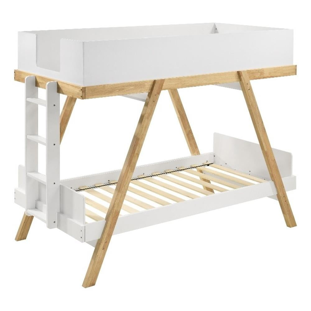Pemberly Row Modern Wood Twin Over Twin Bunk Bed White And Natural ... pertaining to Pemberly Row Modern Solid Wood Twin Over Twin Simple Bunk Bed In Midnight Navy