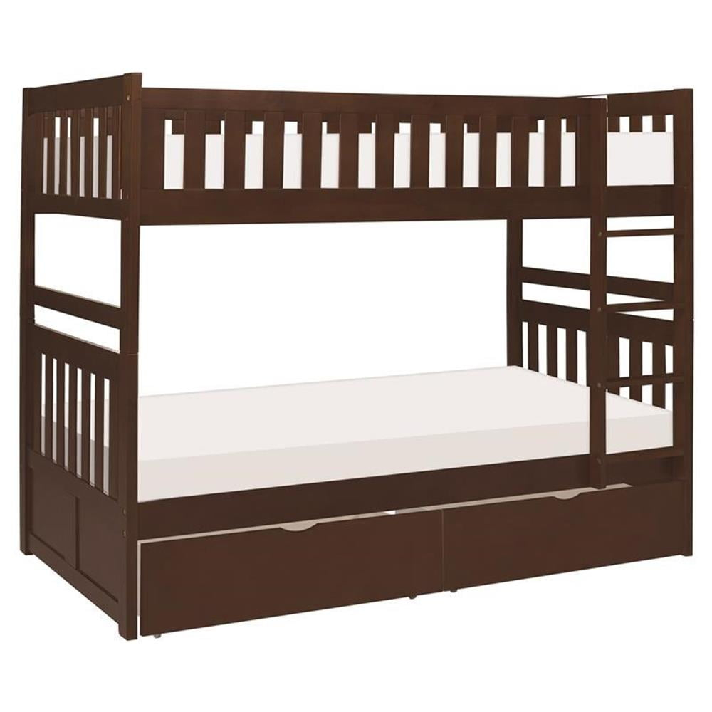 Pemberly Row Wood Twin Over Twin Bunk Bed With Storage Boxes In Dark ... intended for Pemberly Row bunk bed durability tested across different household scenarios