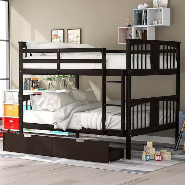Polibi Espresso Full Over Full Bunk Bed With Drawers And Ladder For ... for Gewnee Full Over Full Bunk Bed With Ladder For Bedroom In Espresso