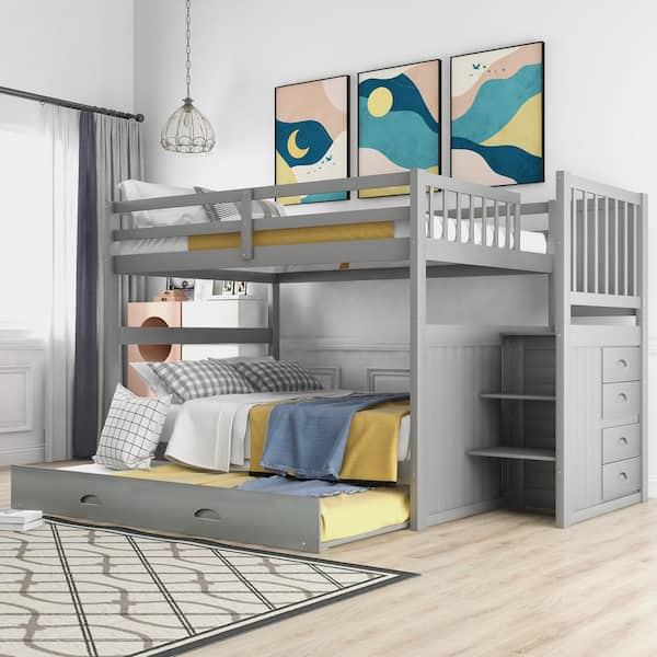 Polibi Full Over Full Bunk Bed With Twin Size Trundle, Gray Rs-39591-E ... for Gewnee Full Over Full Bunk Bed With Twin Size Trundle In Gray