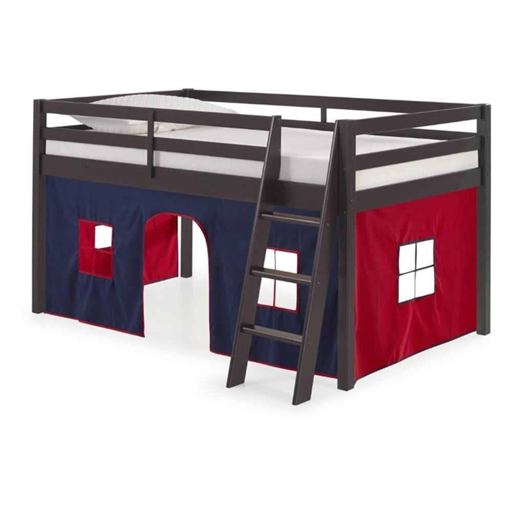 Rosebery Kids Twin Junior Loft Bed With Espresso With Blue And Red ... within Tent Bed Espresso W/Red Tent Kit