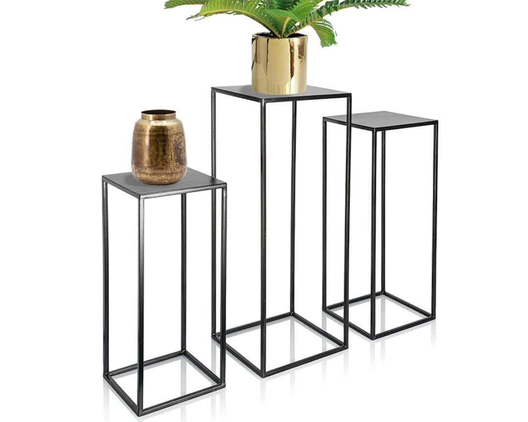 Set Of 3 Metal Pedestal Plant Stand, Nesting Display End Table, Square ... pertaining to Butler Deidre Glass And Metal Pedestal Plant Stand