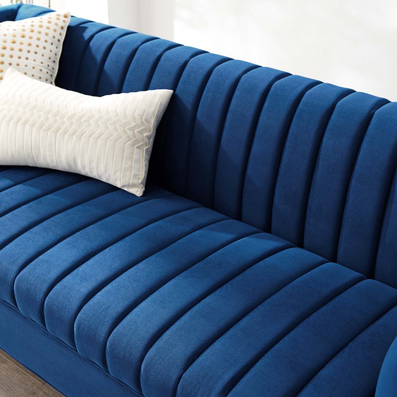 Shift Channel Tufted Performance Velvet Sofa In Navy | Velvet Living ... within Understanding the Art of Tufted Velvet Upholstery in Modern Living Spaces