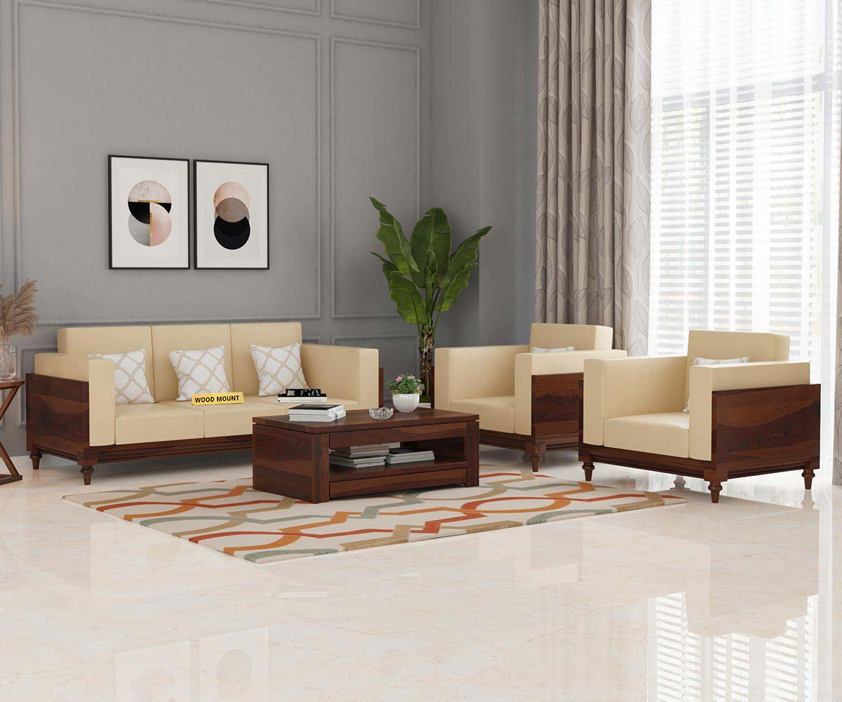 Solid Wood 3 + 1 + 1 Sofa Set (Walnut Finish) – Buy Furniture @Pune regarding Oak Solid Wood Sofa Walnut Color, Beige 94.5X31.5X32.7"
