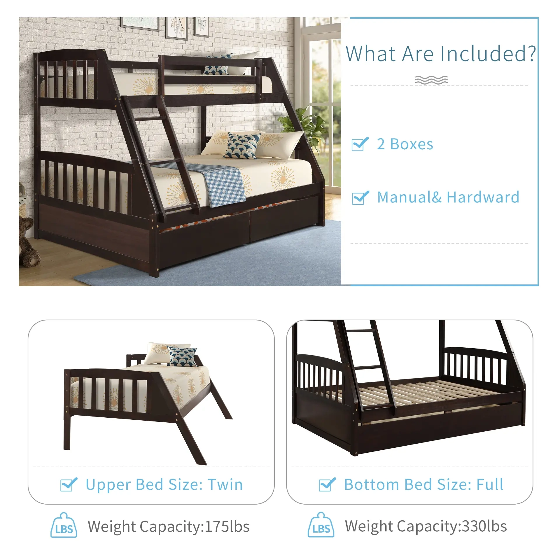 Solid Wood Twin Over Full Bunk Bed With Two Storage Drawers, Espresso ... intended for Pemberly Row bunk bed durability tested across different household scenarios