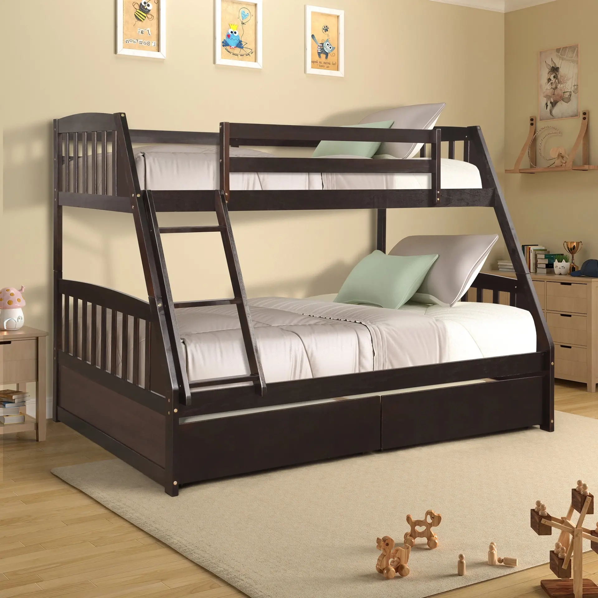 Solid Wood Twin Over Full Bunk Bed With Two Storage Drawers, Espresso ... regarding Pemberly Row Sturdy Wood Twin Over Full Size Bunk Bed In Espresso