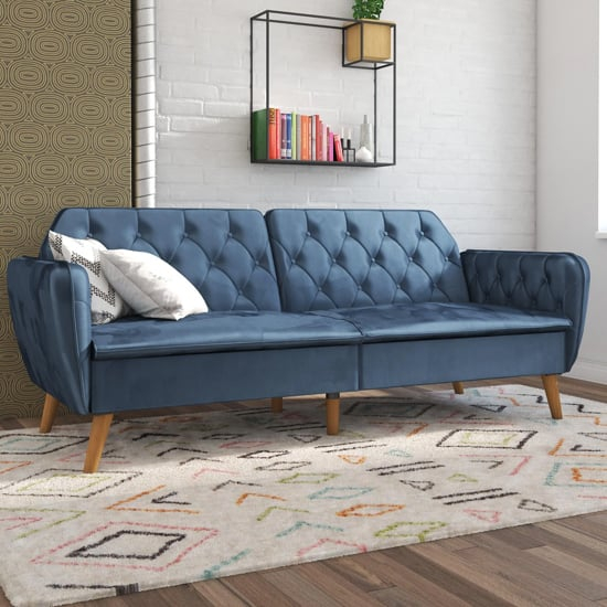 Taluka Velvet Sofa Bed With Wooden Legs In Green pertaining to Annabelle 80" Bluestone Velvet Sofa With Black Wood Legs