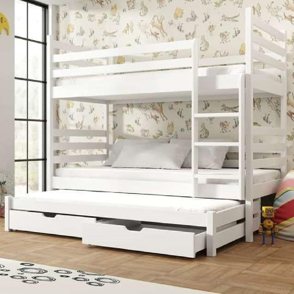 Thorsby Wooden Bunk Bed With Foam Mattress And Trundle In White in Designing smart storage solutions for children's bedroom furniture