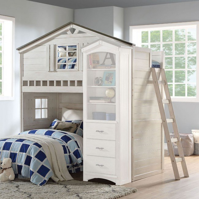 Tree House Loft Bed (Weathered White/ Gray) Acme Furniture | Furniture Cart throughout Acme Cedro T/T Bunk Bed, Weathered White Finish