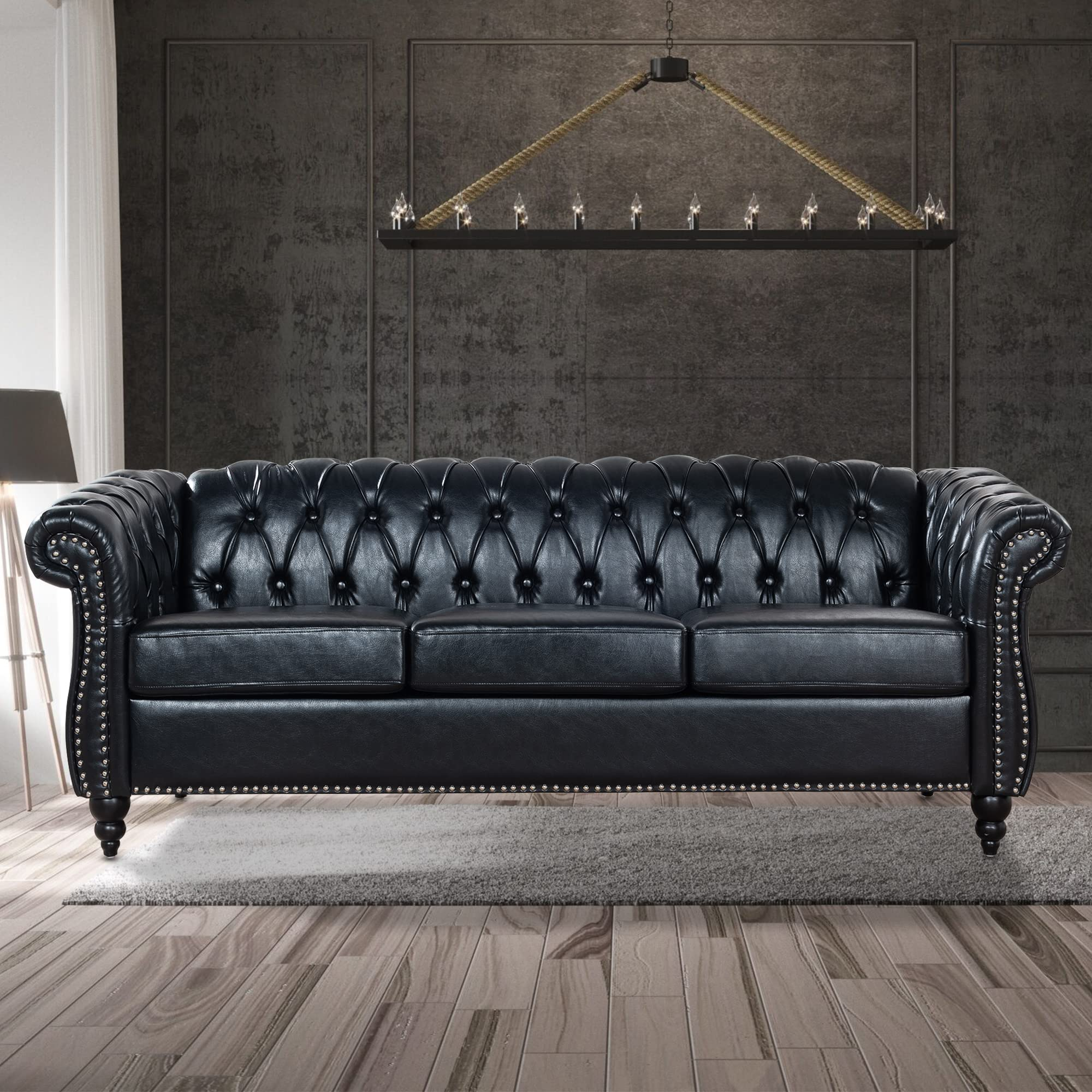 Tufted Leather Sofa intended for Elias Faux Leather Tufted 3 Seater Sofa, Midnight + Espresso