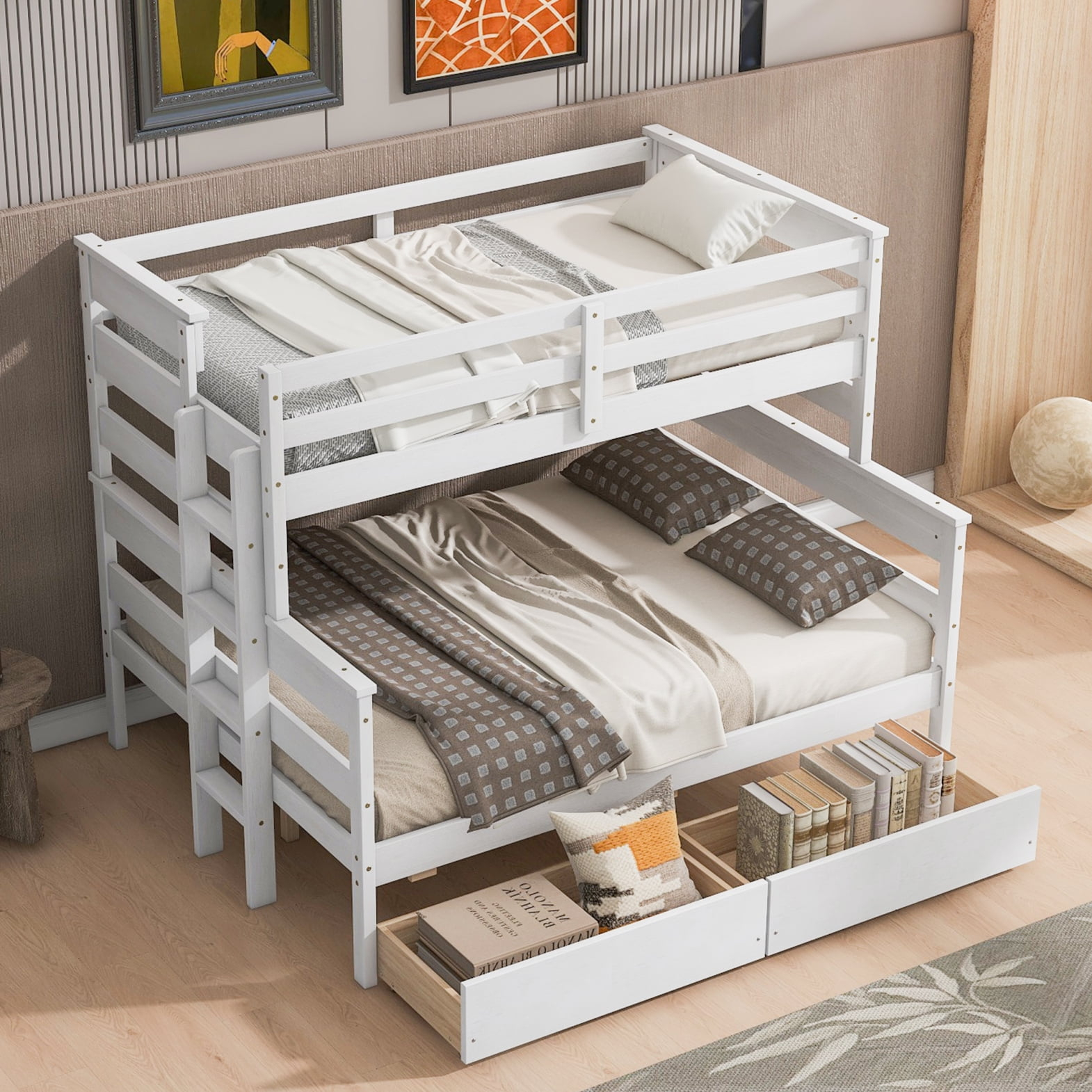 Twin Over Full Bunk Bed, Wood Storage Bunk Bed Frame With 2 Storage ... inside Space-Saving Twin Over Full Bunk Bed, Wooden Frame, 2 Storage Drawers, Ladder, White