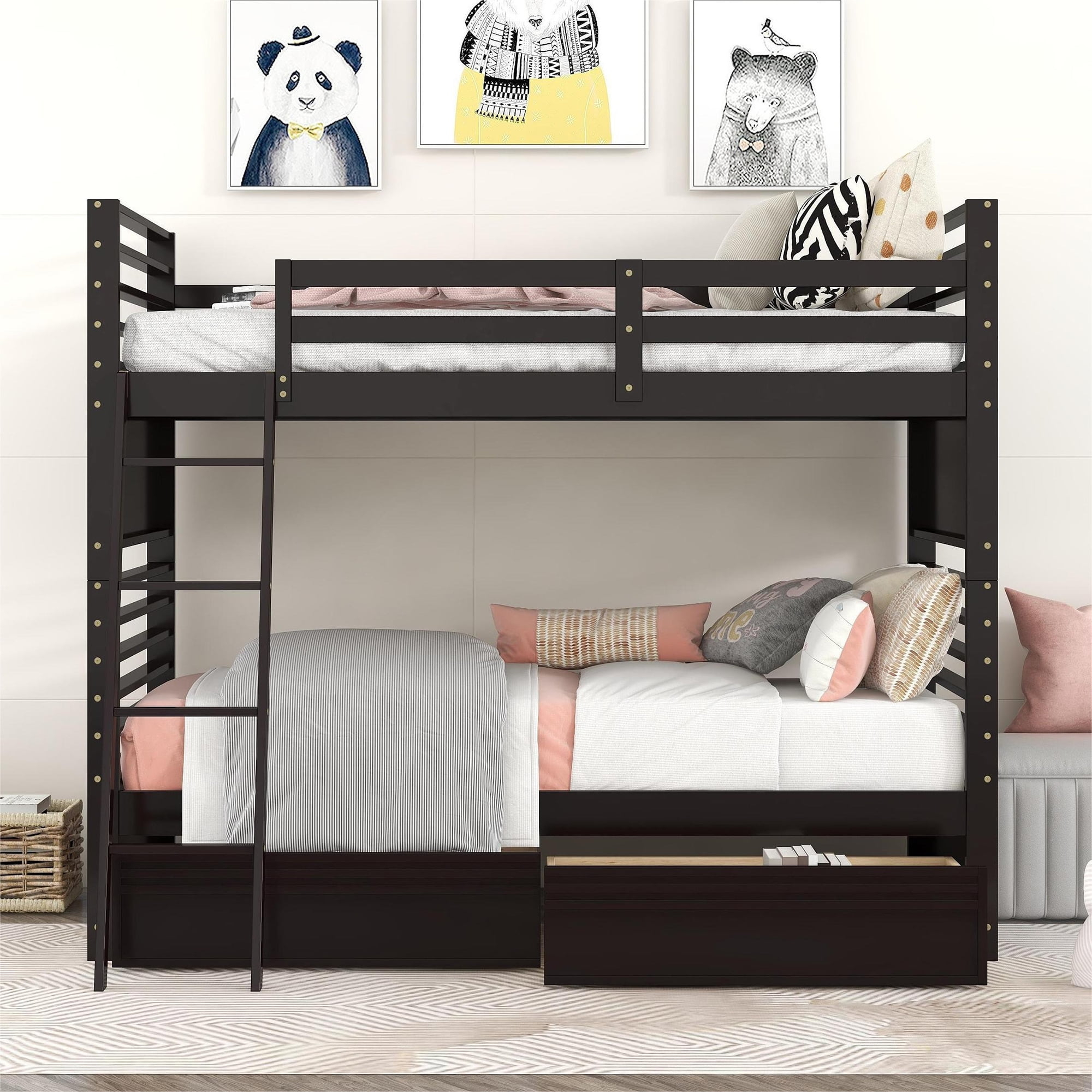 Twin Over Twin Bunk Bed With 2 Drawers, Wood Bunk Bed Frame With ... intended for Creating Functional Sleeping Areas in Limited Spaces
