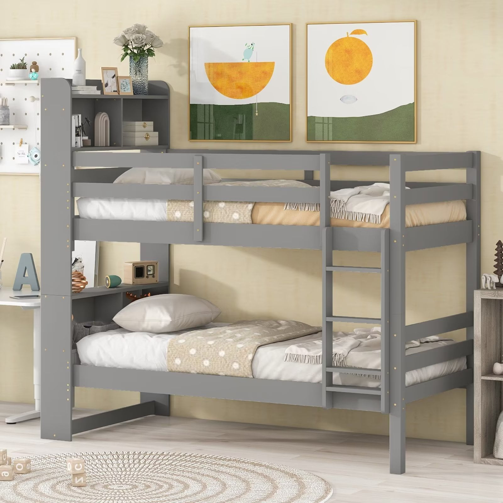 Twin Over Twin Bunk Beds With Bookcase Headboard, Solid Wood Low Bunk ... for Hillsdale Caspian Wood Twin Over Twin Bunk Bed With Hanging Nightstand, Gray