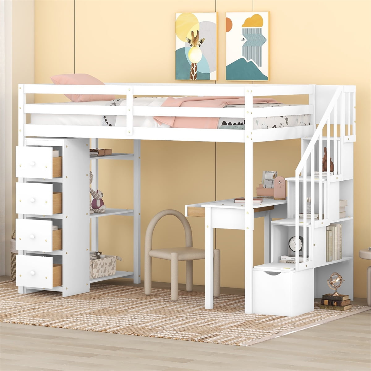 Twin Size Loft Bed With Desk, Drawers, Staircase, Solid Wood, Safety ... in How to Maximize Small Spaces with Multi-Functional Bedroom Furniture