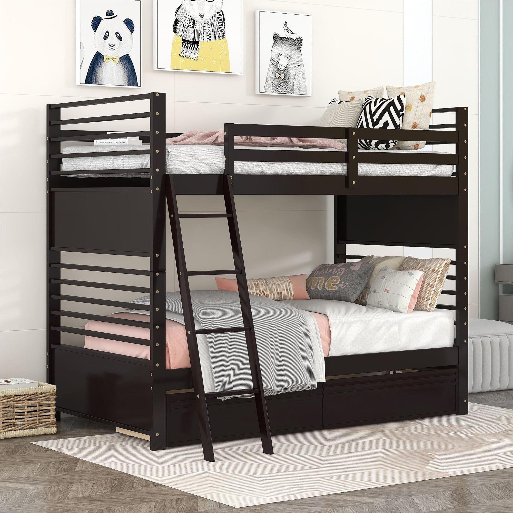Twin Twin Wood Bunk Bed Drawers - Espresso with Pemberly Row 80" X 41" Twin Over Twin Wood Bunk Bed In Brown Finish
