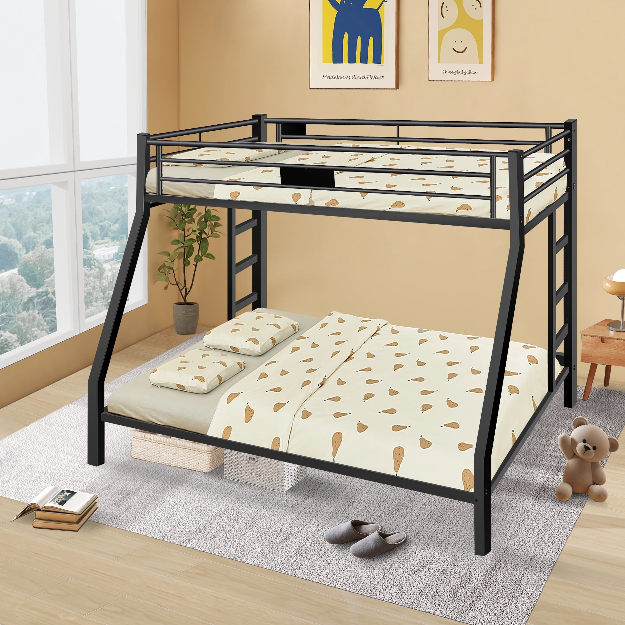 Twin Xl Over Queen Metal Bunk Bed, Sturdy Frame With Ladder, Sandy ... inside Acme Limbra Metal Frame Full Xl Over Queen Bunk Bed With Ladder In Sandy Black