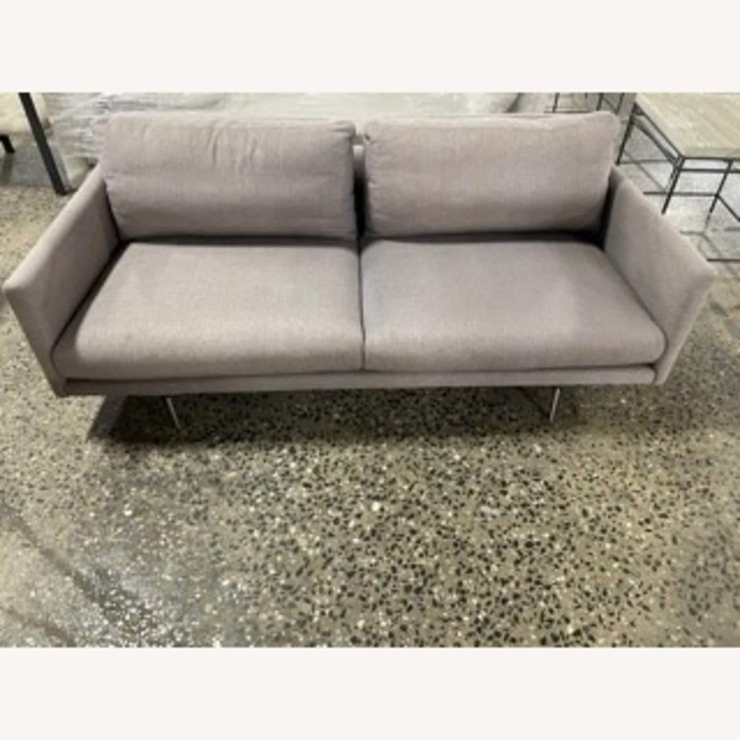 Union Sofa In Gray & Brushed Stainless Steel Legs - Aptdeco for Heritage Fabric Upholstered Sofa With Brushed Stainless Steel Legs, Gray