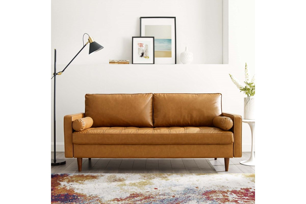 Valour Upholstered Faux Leather Sofa In Tan At Gardner-White throughout Valour Leather Sofa, Tan