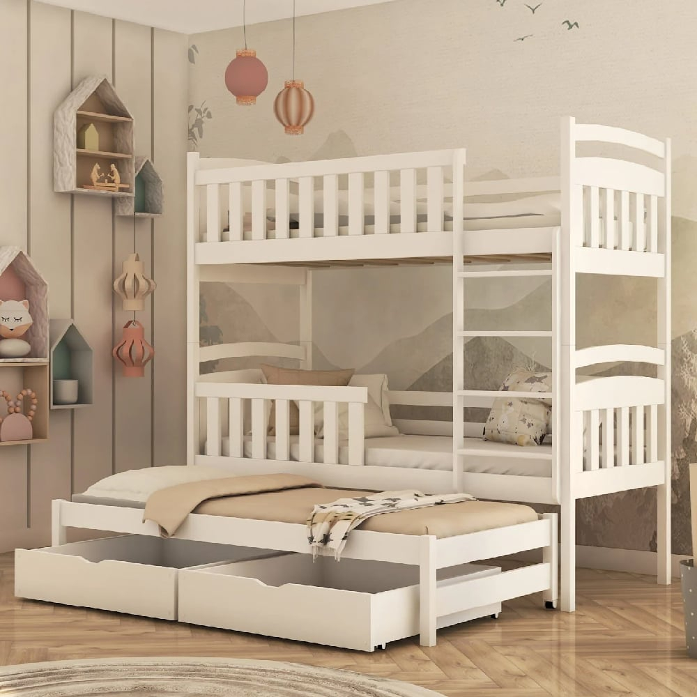 Vernal Wooden Bunk Bed With Foam Mattress And Trundle In White with Lexicon Galen Reversible Step Storage Wood Bunk Bed With Trundle Bed In White