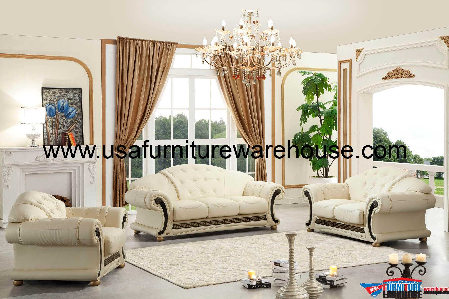 Versace Italian Beige Leather Sofa Set - Usa Furniture Warehouse with Angelica Italian Leather Sofa, Beige
