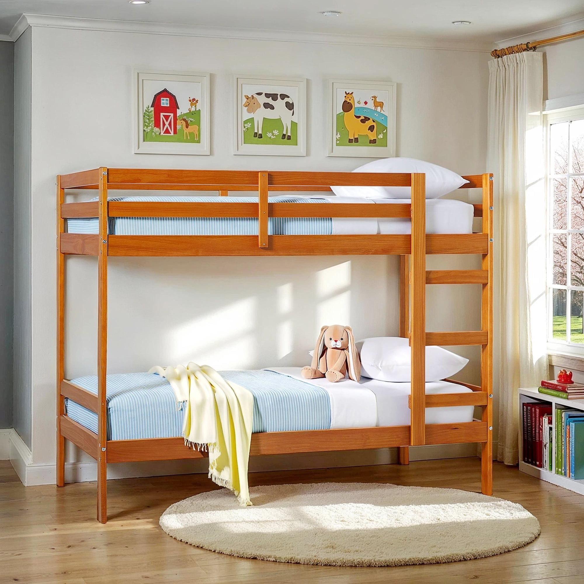 Walker Edison Modern Solid Wood Twin Over Twin Bunk Bed, Caramel ... regarding Pemberly Row Twin Over Twin Simple Solid Wood Bunk Bed - Caramel